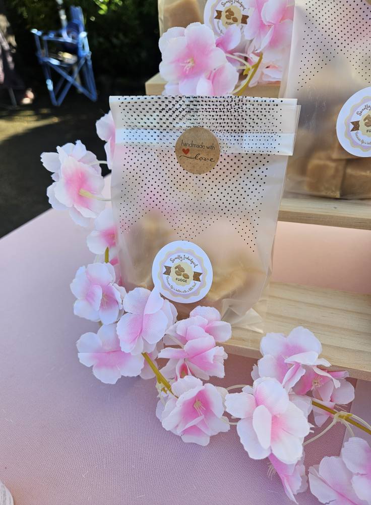 Handmade fudge bag with pink flowers surrounding