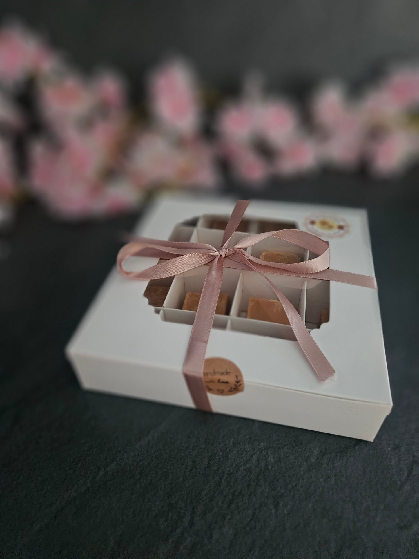 16 piece fudge box with pink ribbon