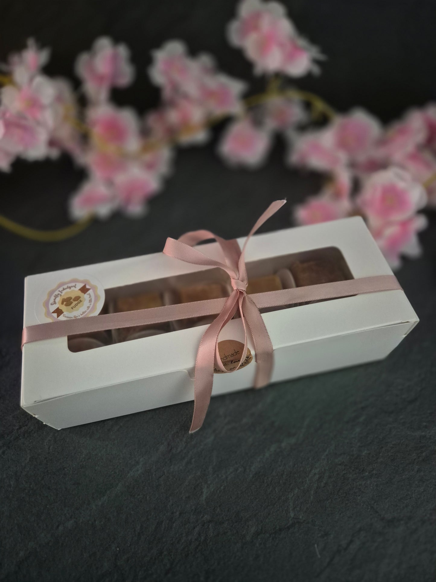 Medium 8 piece fudge box hand wrapped with pink ribbon