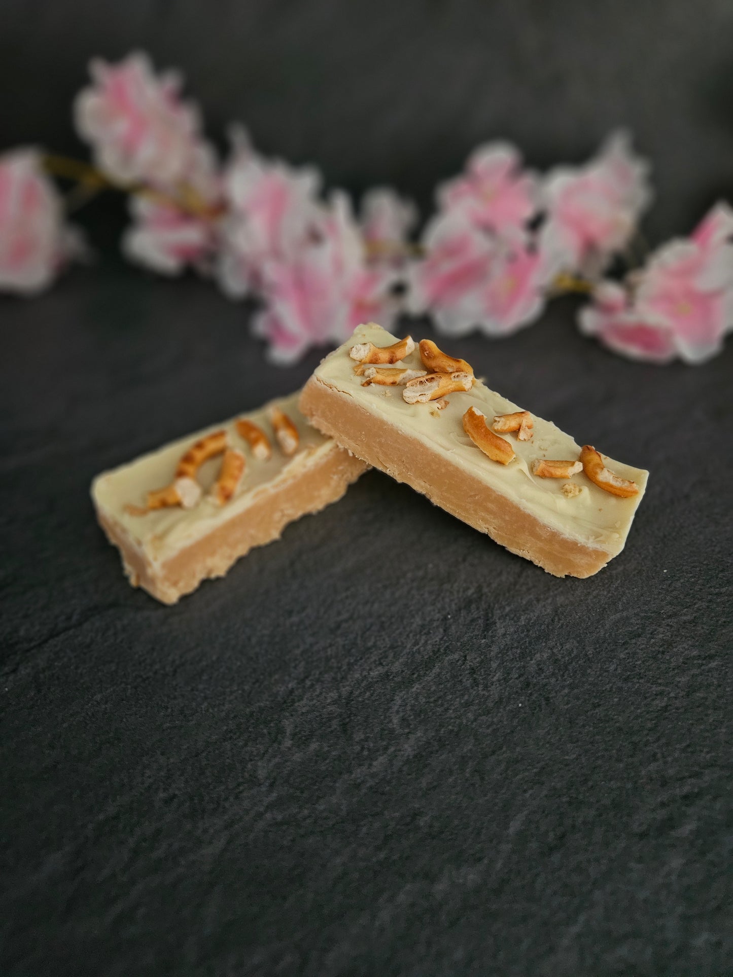 pretzel covered white chocolate fudge bar