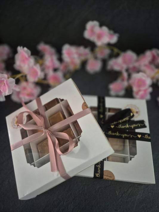 2 large hand crafted 10 piece fudge boxes stacked against each other