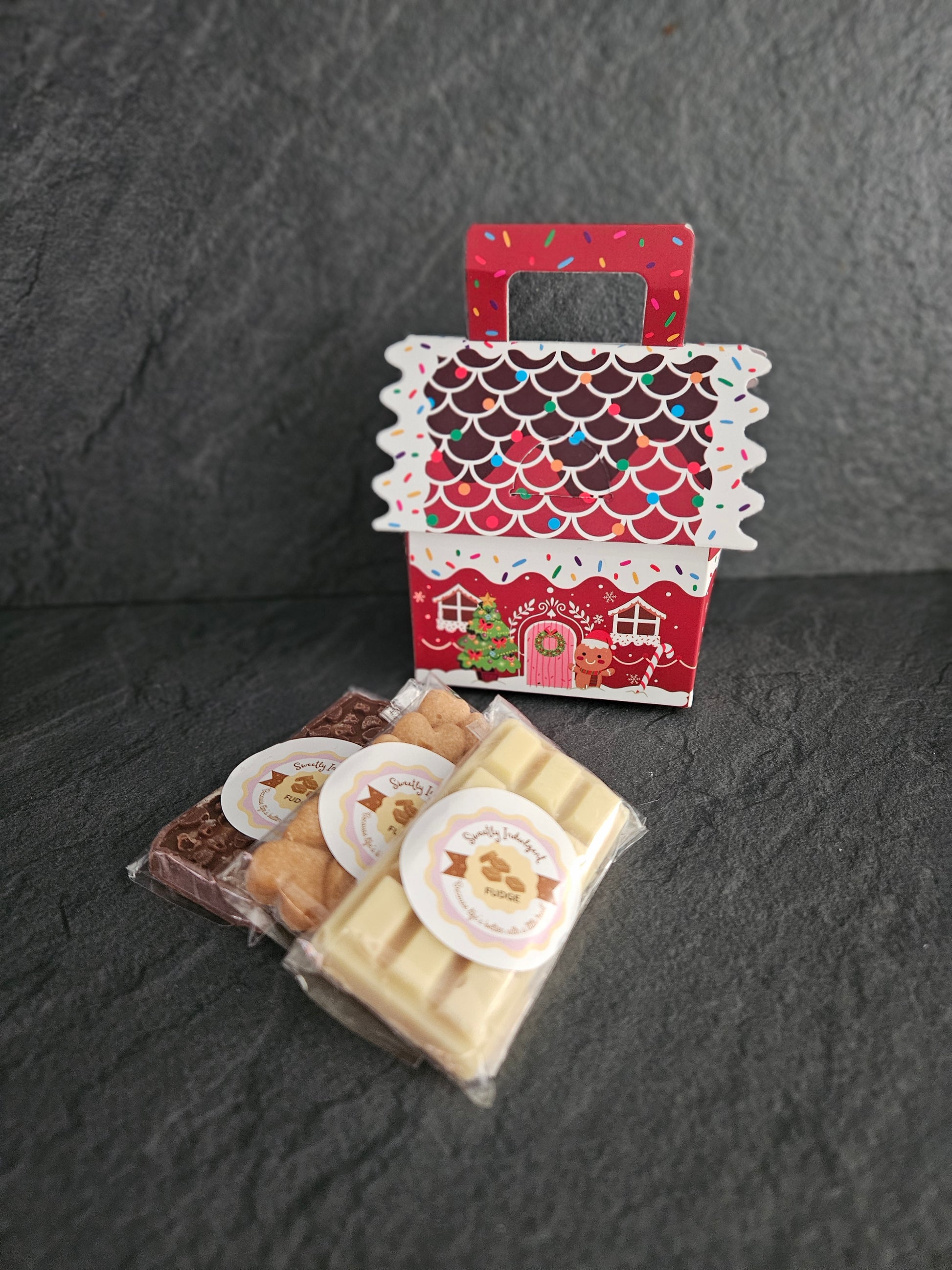 3 fudge bars and novelty Christmas house