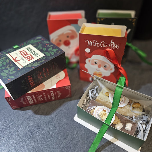 Novelty gift boxes in the form of a book showing 2 fudge bars inside 