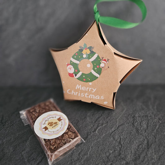 Christmas-themed fudge gift bag with a clear window showing treats inside on a dark background
