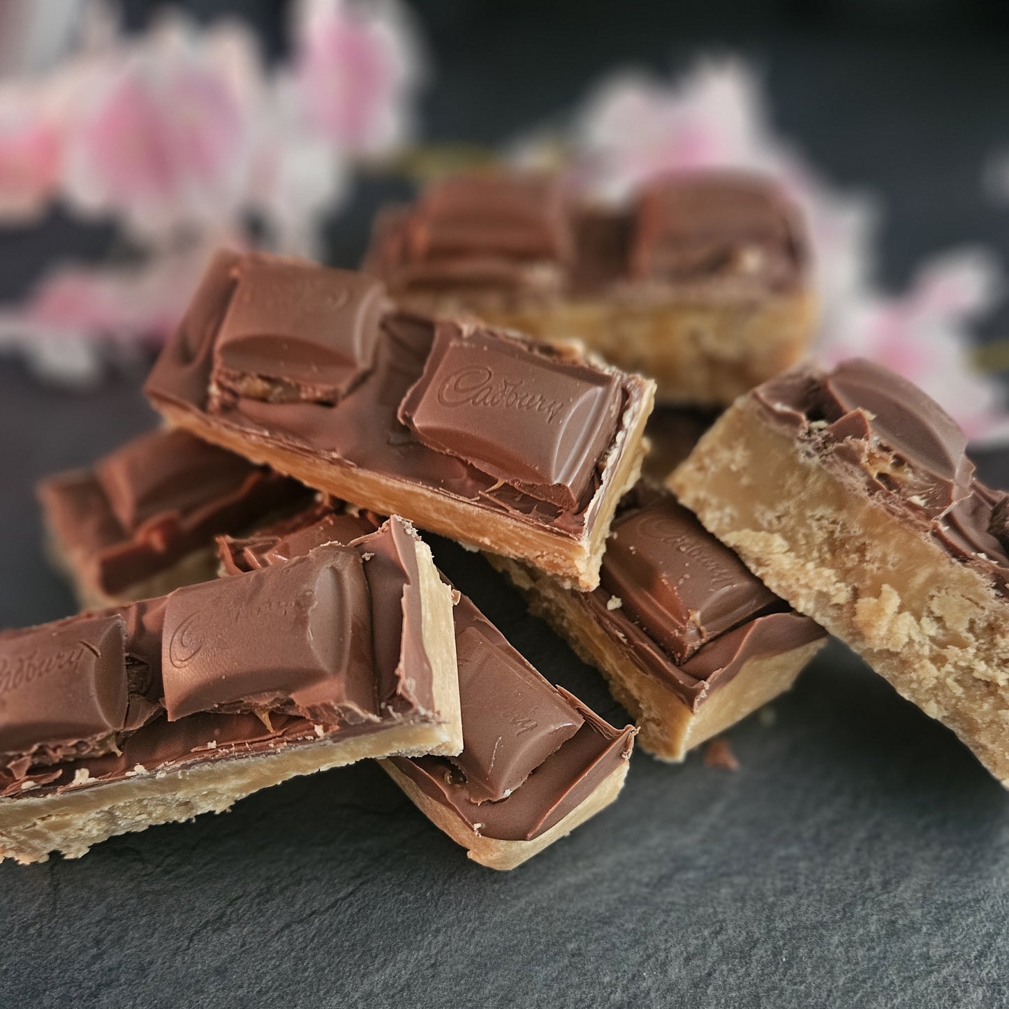 Cadbury's caramel pieces on thick creamy fudge bar 