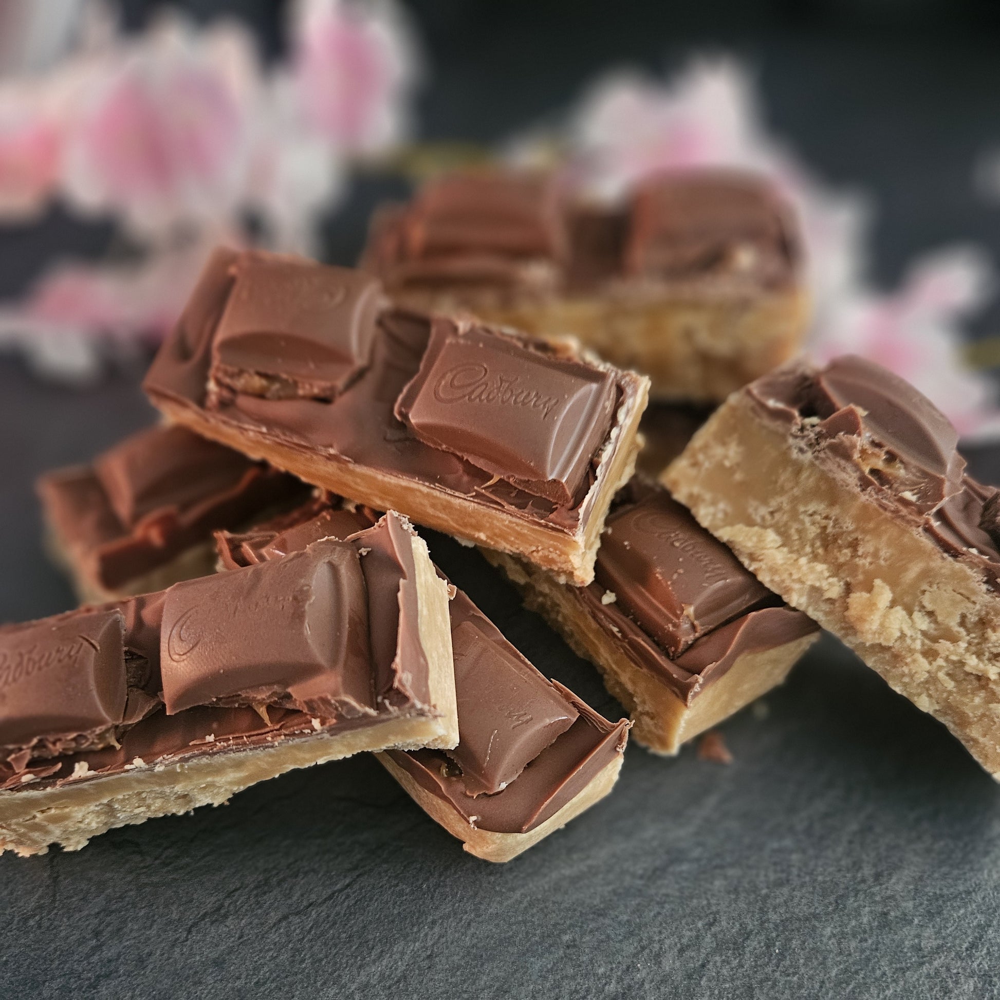 Cadbury's caramel pieces on thick creamy fudge bar 