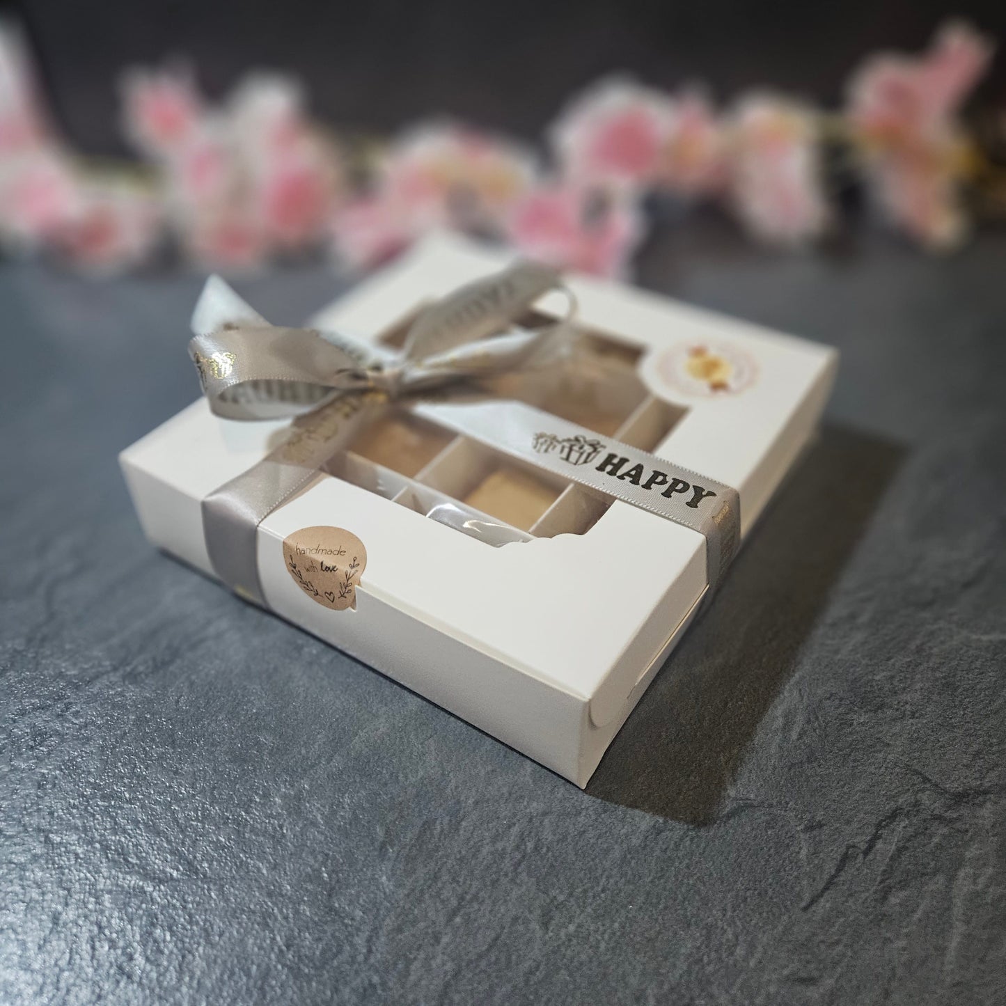 white birthday fudge gift box with grey ribbon