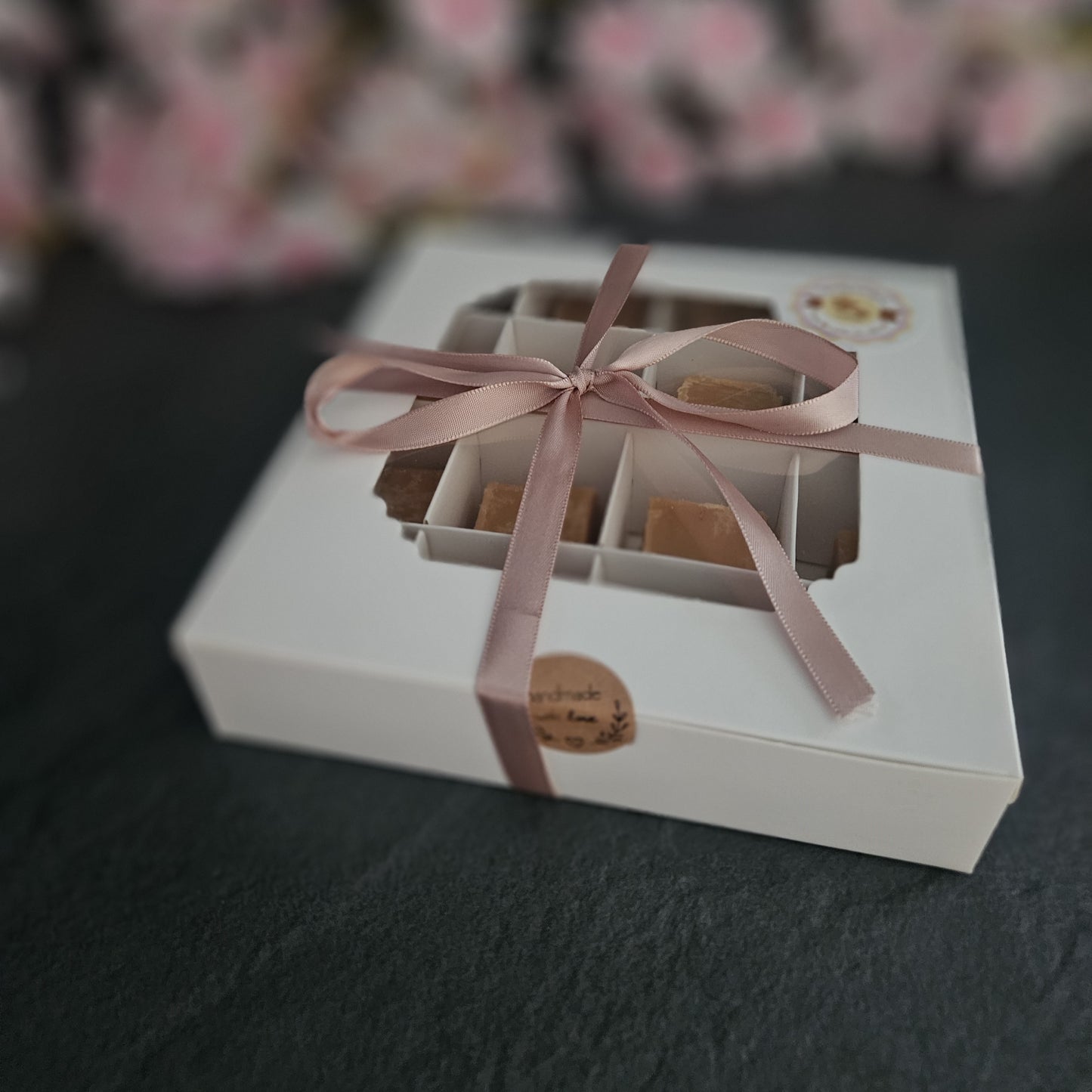 Large homemade fudge gift box with dusky pink ribbon 