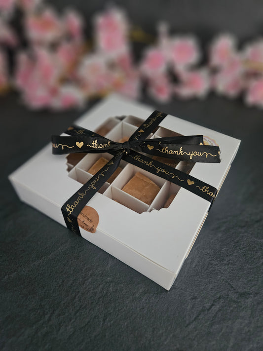 Fudge gift box with black ribbon