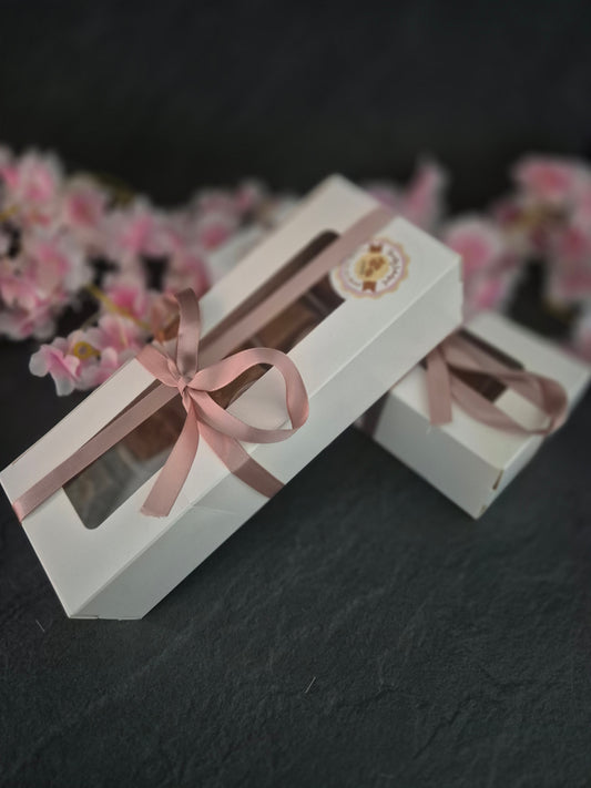 2 x medium fudge boxes stacked with flower background