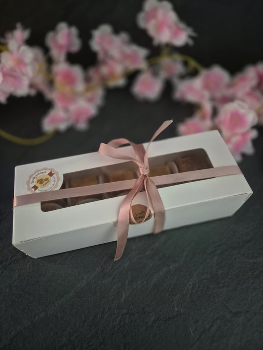 Medium 8 piece fudge box hand wrapped with pink ribbon
