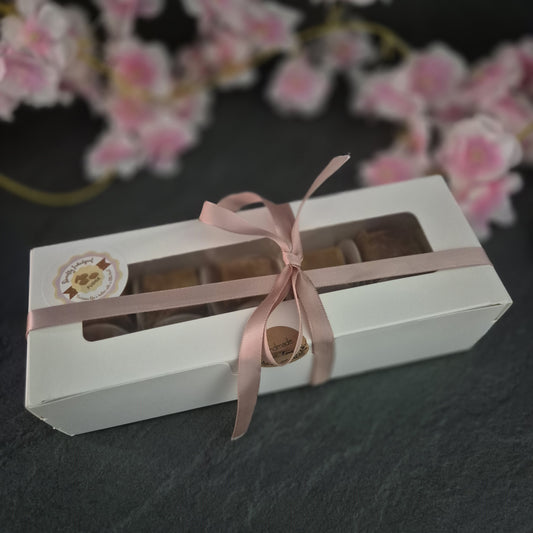 Medium 8 piece fudge gift box hand wrapped with pink ribbon on grey surface

